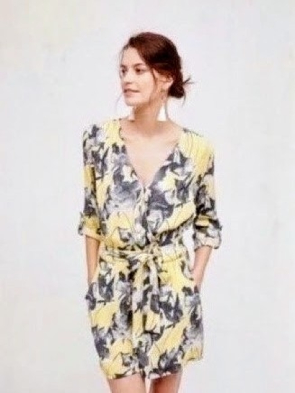 Elevenses Anthropologie Yellow and Gray Floral Tie-Waist Romper